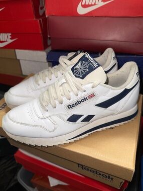 Reebok White and Navy Classic Leather Sneakers